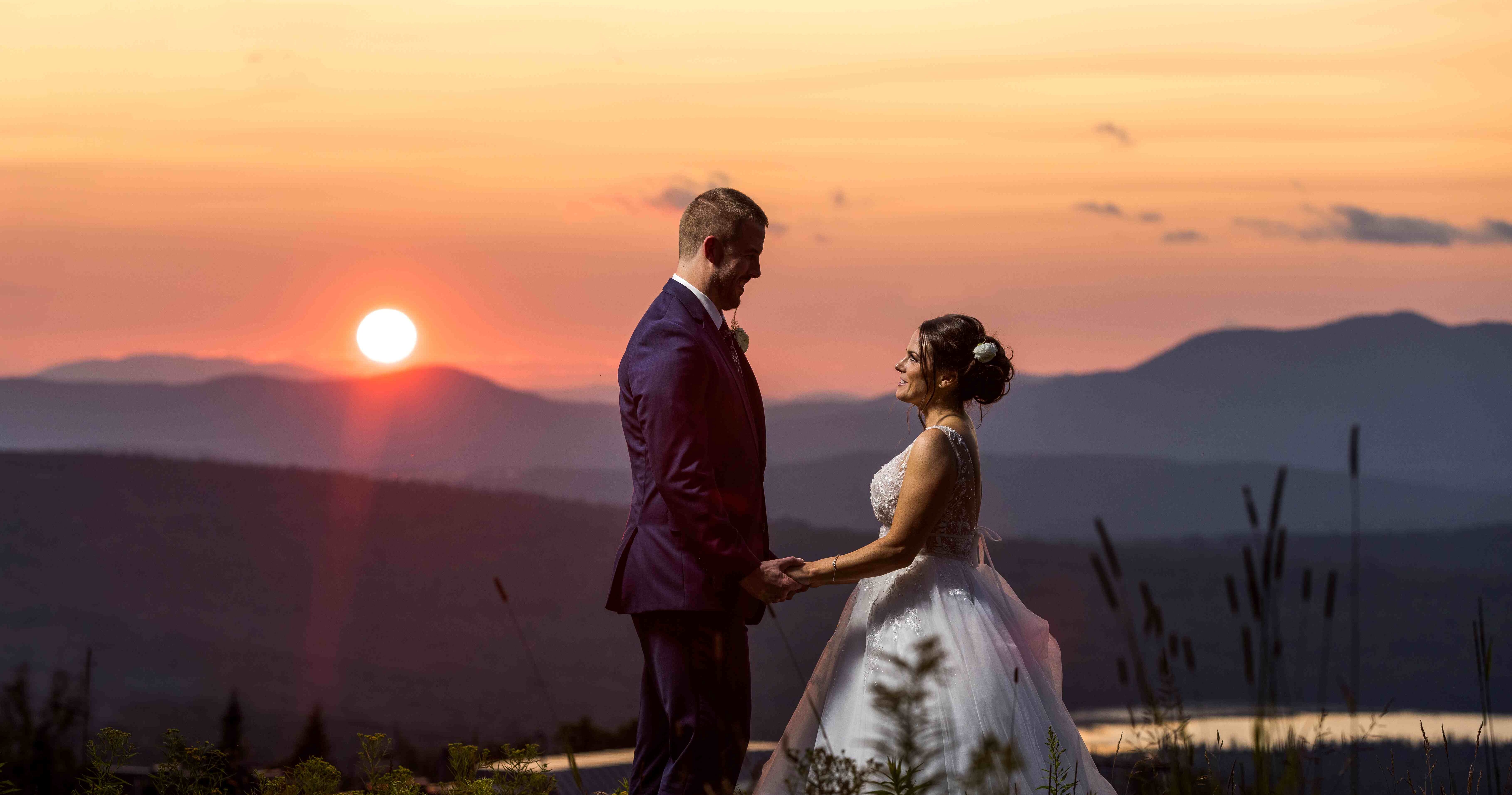 Bride and groom at sunset